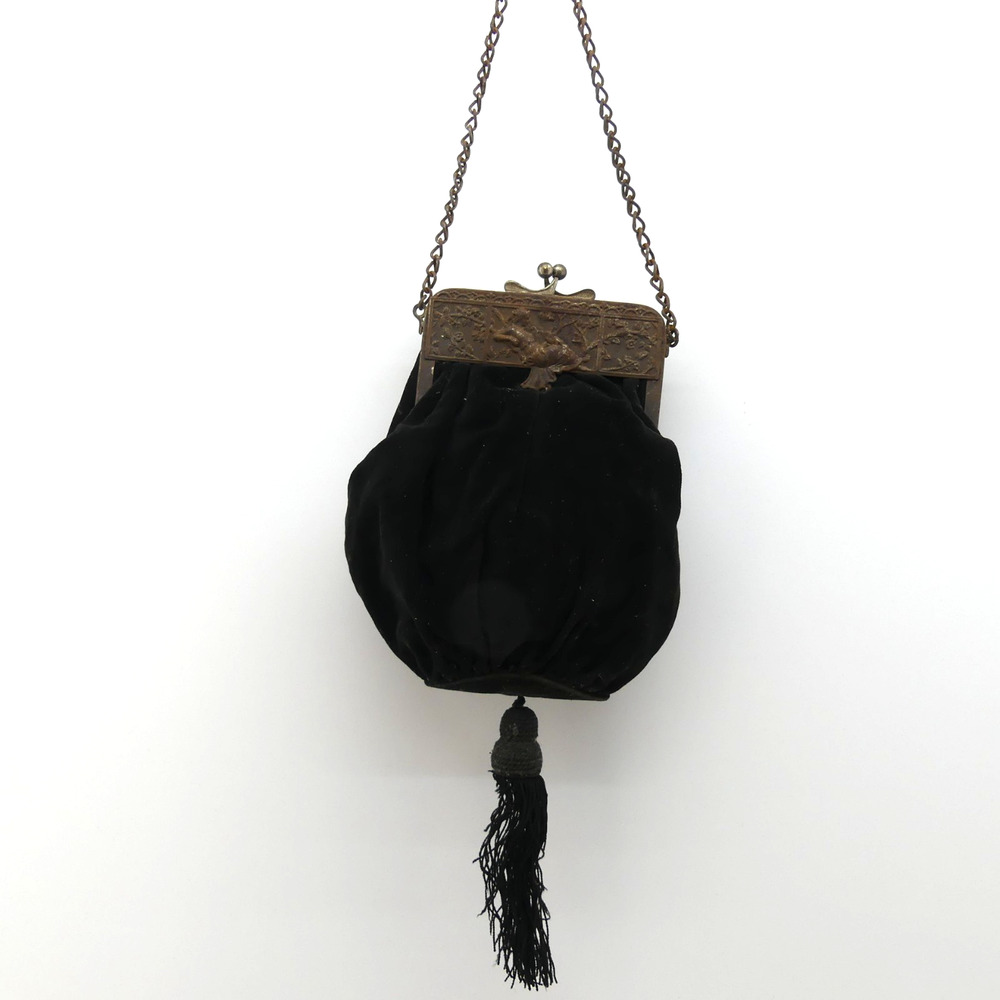Antique Edwardian Black Velvet Purse 1910s 1920s Coin Pouch Chain Tassel Bag